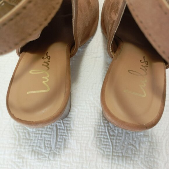 Lulus Sandals Block Heel Suede Peep-Toe With Adjustable StrapTan - Picture 7 of 10